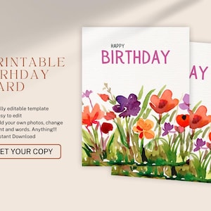Cartão de aniversário floral em aquarela | Cartão de felicitações digital para impressão | Cartão de feliz aniversário ecológico