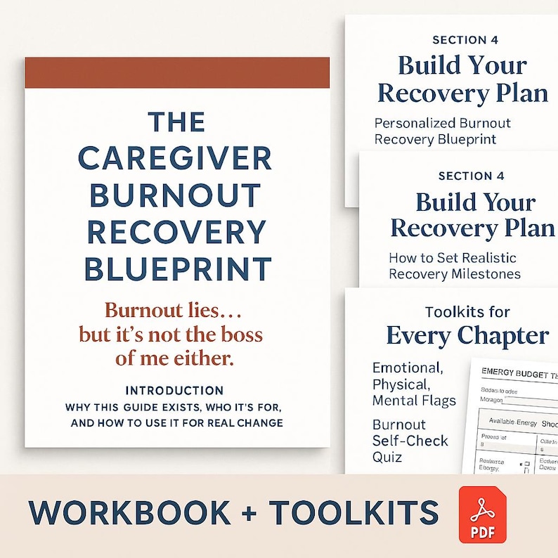 caregiver burnout recovery blueprint digital pdf download featuring strategies for stress relief emotional support time management and mental wellness self help guide created for caregivers of all types including family members nurses and health workers printable ebook to support burnout recovery and balanced daily routines