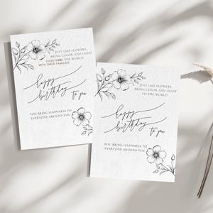 Digitale Alles Gute zum Geburtstagkarte mit elegantem Blumendesign, minimalistischer Schwarz-Weiß-Ästhetik, handgeschriebener Kalligraphie, sofortiger Download