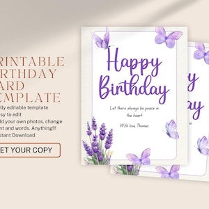 Carte d'anniversaire pourpre élégante de papillon | Fleurs lavande à imprimer avec message inspirant | Téléchargement numérique pour des occasions spéciales