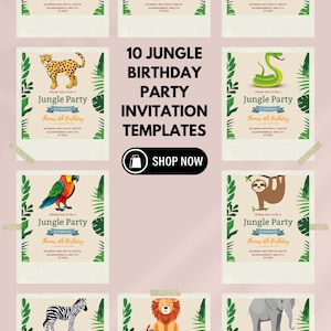 Pack d'invitations anniversaire animaux de la jungle | 10 invitations numériques modifiables à une fête d'enfants sur le thème de Safari | Cartes de la jungle imprimables personnalisées
