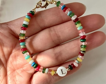 Dainty Rainbow Gem Bracelet, Colorful Gemstone Initial Bracelet, Multi Color Rondelle Beads Bracelet, Cute Stacking Bracelet, Holiday Gifts