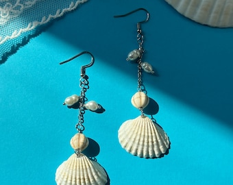 Natural Shell and Pearl Earrings, Real Pearl Dangle Earrings,Statement Drop Earrings with Natural Shell Charm, Long Dangle Pearl Earrings