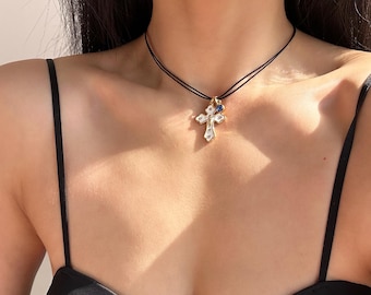 Dainty Cross Necklace with Birthstone, Adjustable White Cross Necklace, Boho Chic, Y2K, 90's, Guardian Angel Necklace, Meaningful Gifts