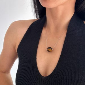 Minimalist Tiger Eye Necklace, Natural Stone Healing Crystal Necklace, Natural Brown Gemstone Necklace, Chain Necklace with Ball Pendant