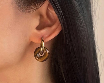 Genuine Tiger Eye Hoop Earrings, Natural Stone Donut Earrings, Small Gemstone Earrings, Pendant Hoop Earrings, Brown Gemstone Hoop Earrings