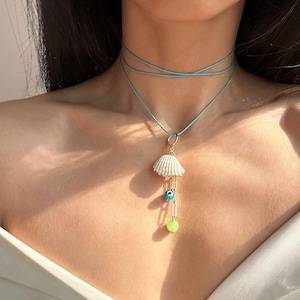 Natural Shell Necklace, Evil Eye Pendant Necklace, White Shell Necklace, Adjustable Cord Necklace, Multi Way Choker, Unique Nature Jewelry