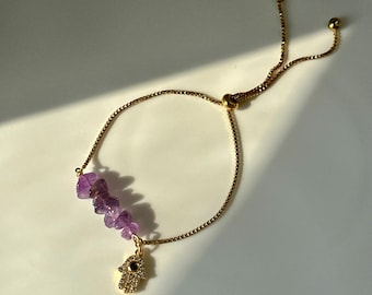 Delicate Fatima Hand Bracelet, AAAAA Grade Natural Amethyst Bracelet, Cute Purple Gemstone Bracelet, Hamsa Charm Bracelet, Dainty Jewelry