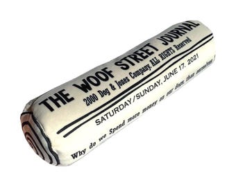 May include: A white plush dog toy shaped like a rolled-up newspaper. The newspaper is titled "The Woof Street Journal" with the text "2000 Dog & Jones Company. All Rights Reserved. Saturday/Sunday, June 17, 2021. Why do we spend more money on our dogs than..."