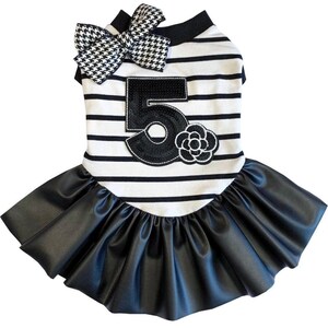 May include: Black and white striped dog dress with a black bow, a black number 5 with sequins and a black flower, and a black satin ruffle skirt.