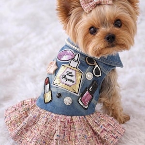 Denim Dog Dress: Lipstick & Perfume Patches, Pink Tweed Skirt
