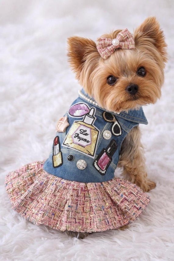denim dog dress Dress: Lipstick & Perfume Patches, Pink Tweed Skirt Bow Color:Deep Navy Bengaline Printed Halter Bohdi Boho Embroidery Crewneck Summer fun awaits!