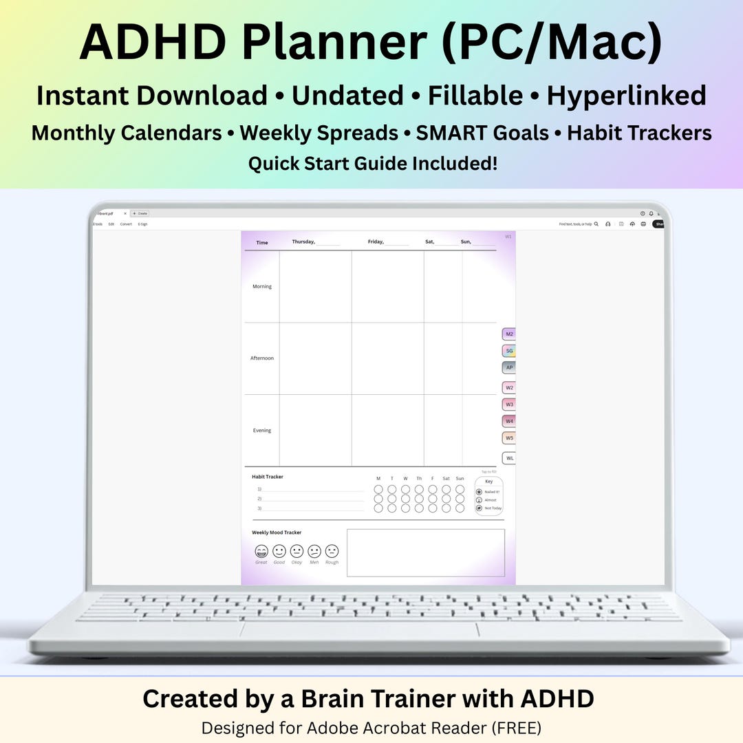 ADHD Planner for Pc/mac | Fillable, Undated, Weekly + Monthly (PDF Download) Neuromythical™ - Etsy