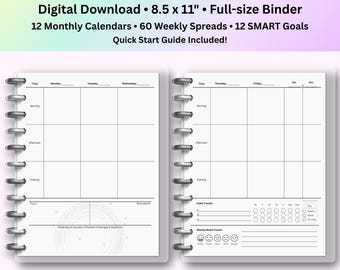 May include: A printable ADHD planner with a digital download, 8.5 x 11" full-size binder, 12 monthly calendars, 60 weekly spreads, and 12 SMART goals. The planner includes a quick start guide. The text says "Created by a Brain Trainer with ADHD".