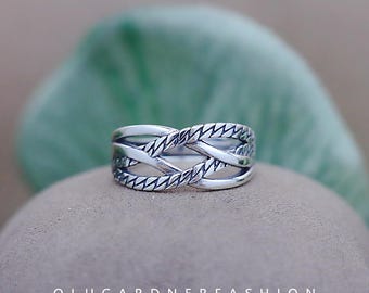 S925 Sterling Silver Vintage Aged Geometric Braided Cross-Pattern Open Ring, Stylish and Unique Design