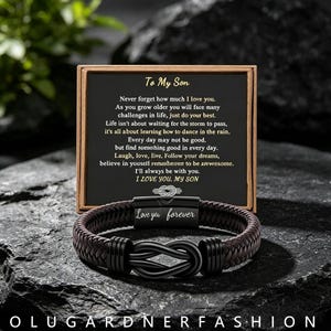 May include: A dark brown braided leather bracelet with a black metal infinity knot clasp and a black metal magnetic closure engraved with the words Love you forever, presented with a card featuring the text To My Son.
