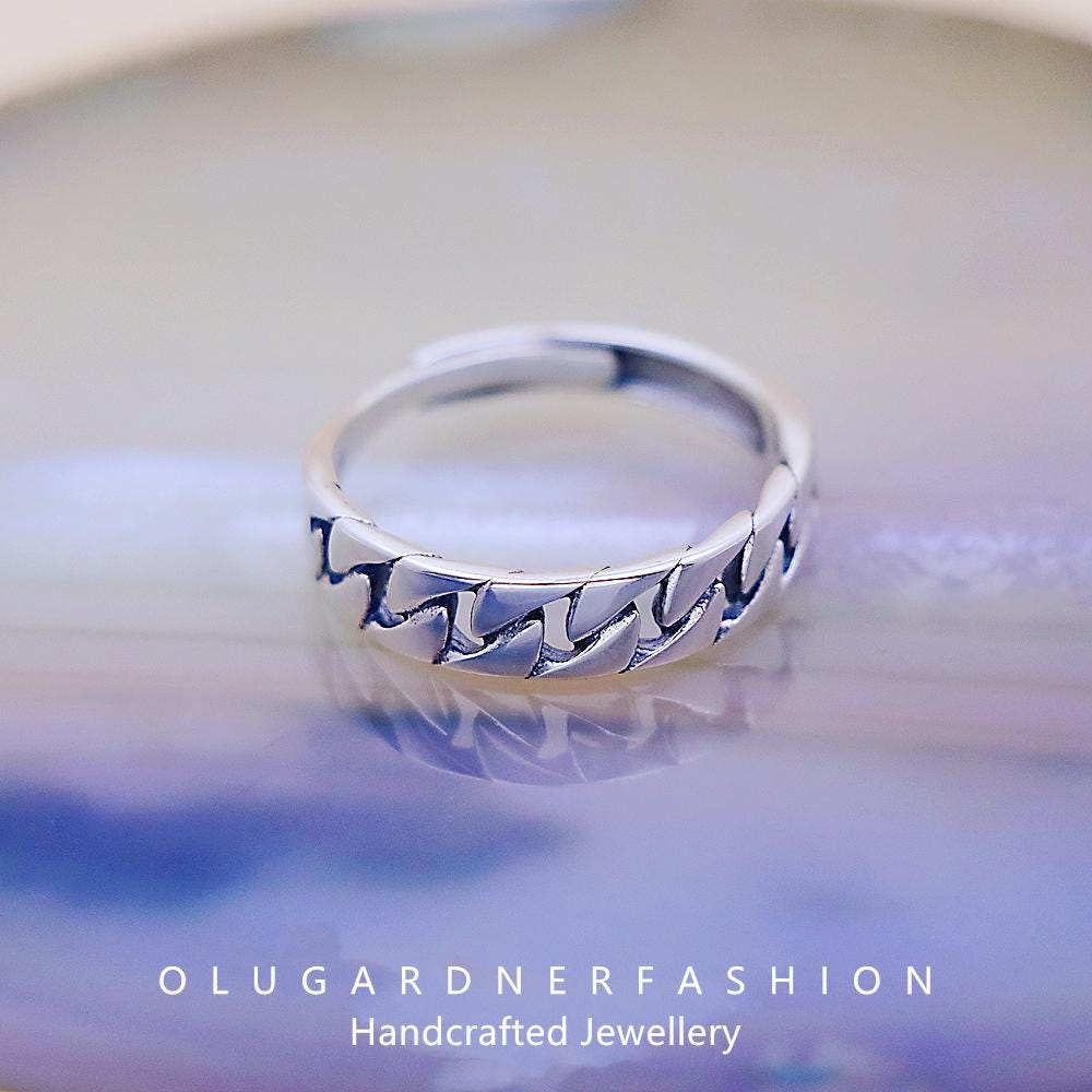 S925 Silver Simple Vintage Chain Link Rectangle Crossed Ring