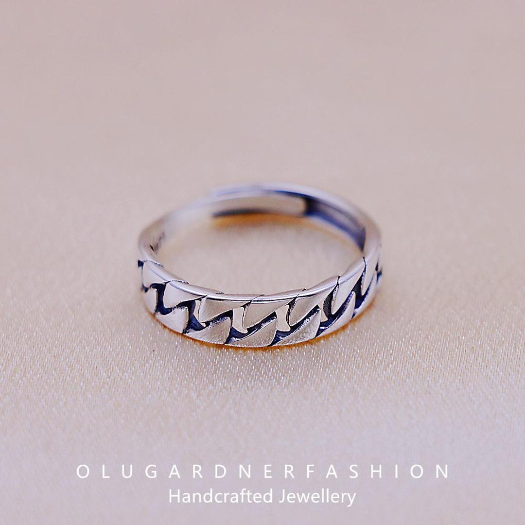 S925 Silver Simple Vintage Chain Link Rectangle Crossed Ring