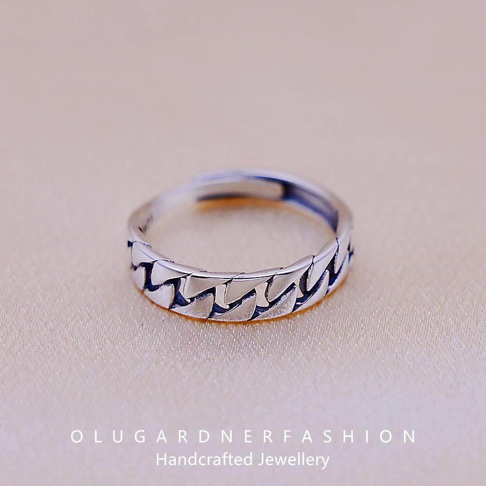 S925 Silver Simple Vintage Chain Link Rectangle Crossed Ring