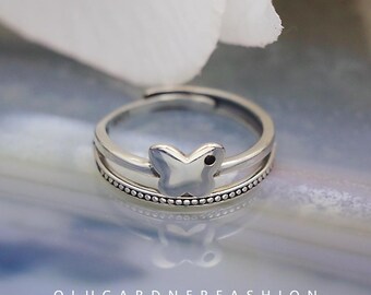 S925 Sterling Silver Vintage Double-Layer Butterfly Ring, Fresh and Cute Style, Open Adjustable Design