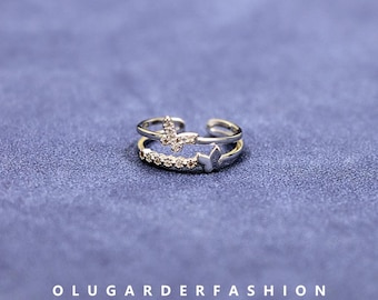S925 Sterling Silver Double-Layer Butterfly Ring, Adjustable Open Band, Women's Statement Finger Ring