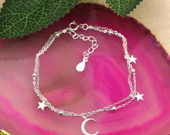 S925 Sterling Silver Double Layer Star and Moon Bracelet for Women, Diamond-Studded Sweet Design