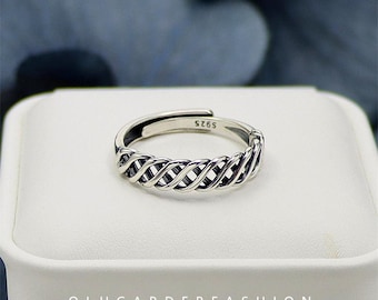 S925 Sterling Silver Vintage Woven Crossed Hollow Geometric Line Trendy Open Ring