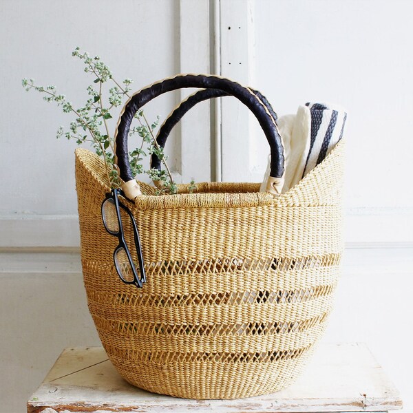 woven basket bag | market tote leather handles