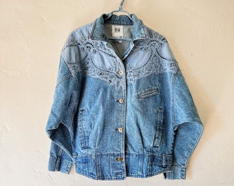80s vintage jean jacket oversized denim jacket / doily jacket
