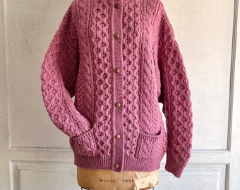 Pink wool fisherman cardigan made in Ireland