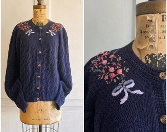 Vintage embroidered cardigan cable knit sweater