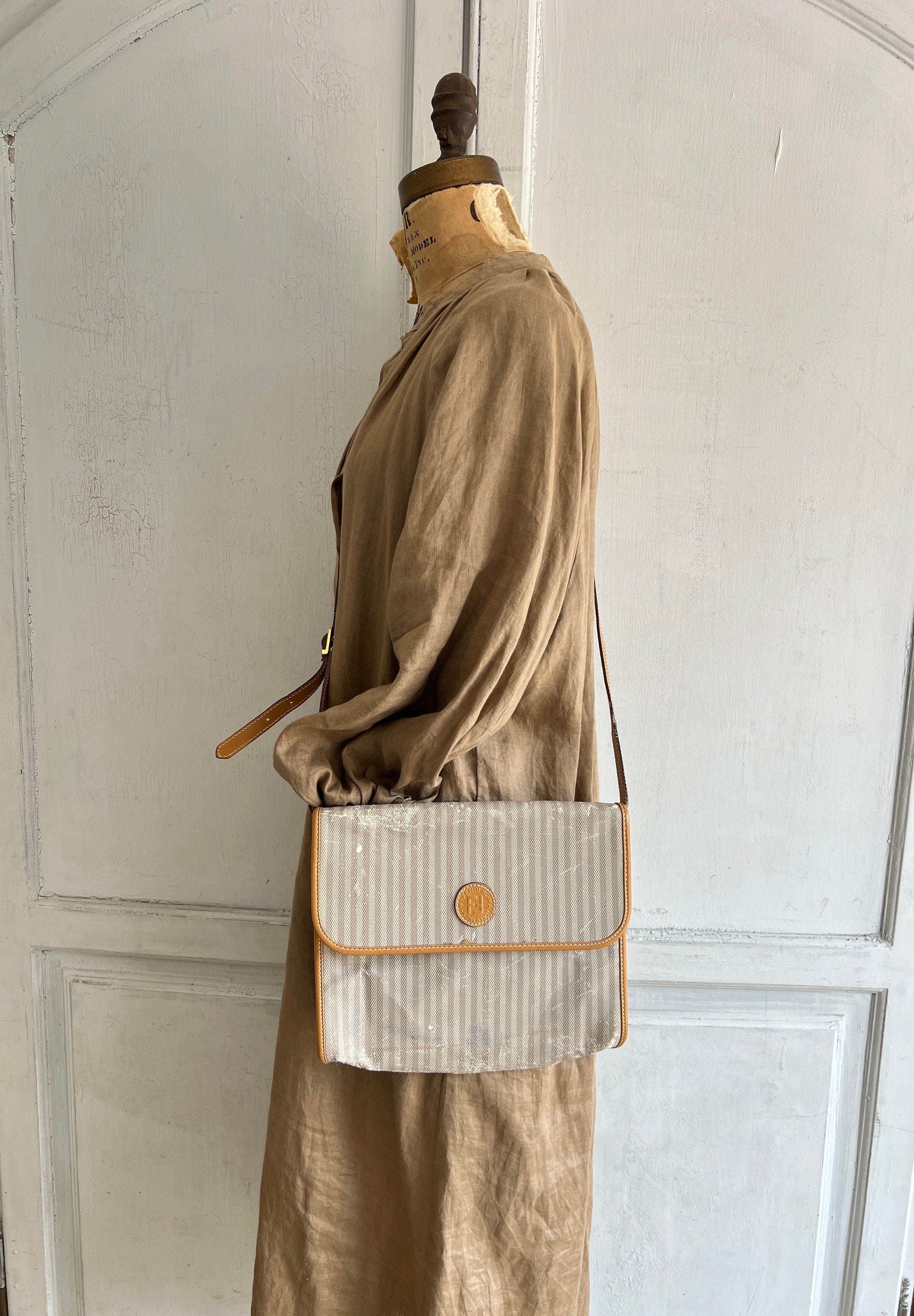 Vintage 1980s Fendi Zucca Monogram Shoulder Bag Purse Slant Top