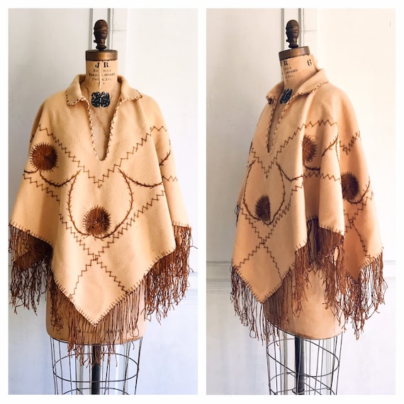 Vintage fringed poncho embroidered wool poncho