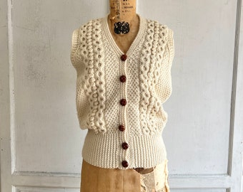 Wool fisherman sweater vest vintage hand knit Aran