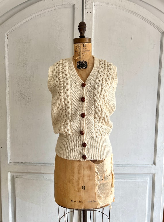 Wool fisherman sweater vest vintage hand knit Aran