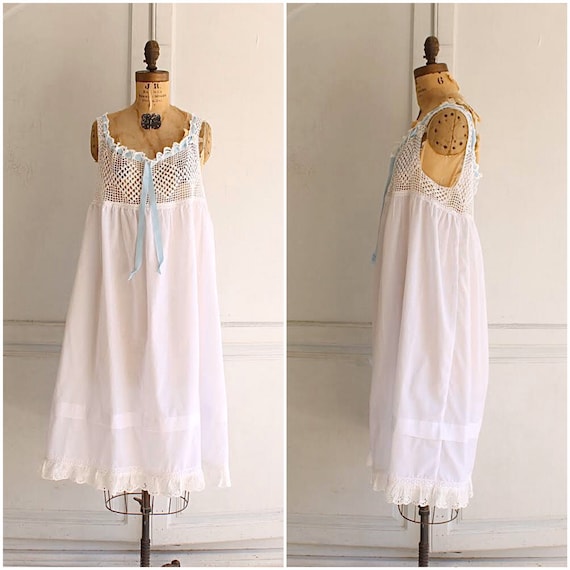 Vintage white nightgown cotton sun dress crochet l