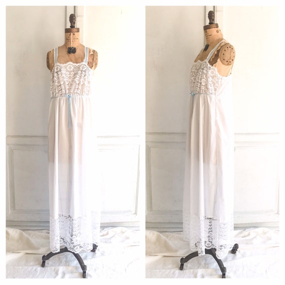 Vintage white cotton slip dress lace nightgown bo