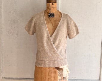 vintage short sleeve faux wrap sweater neutral silk angora blend 80s