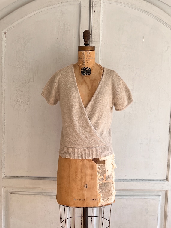 vintage short sleeve faux wrap sweater neutral sil