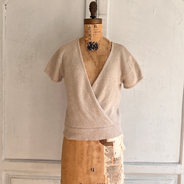 vintage short sleeve faux wrap sweater neutral silk angora blend 80s