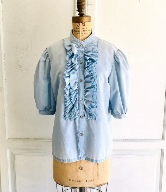 80s vintage puff sleeve ruffled chambray prairie b