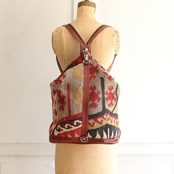 kilim and leather backpack carpet bag weekender wool