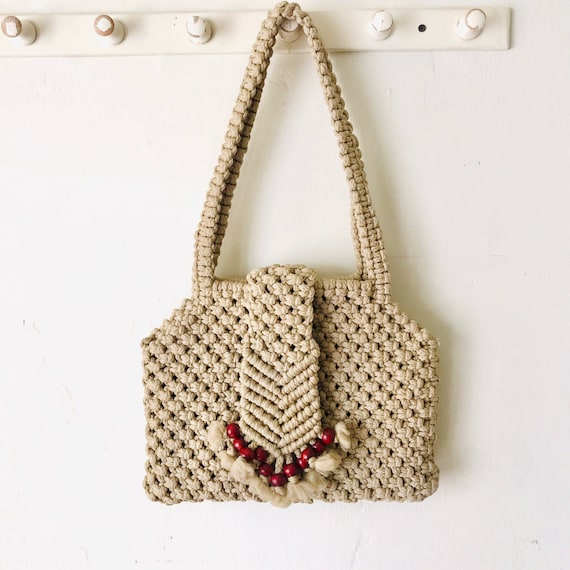 Vintage 1970/'s Handmade White Macrame Woven Handbag