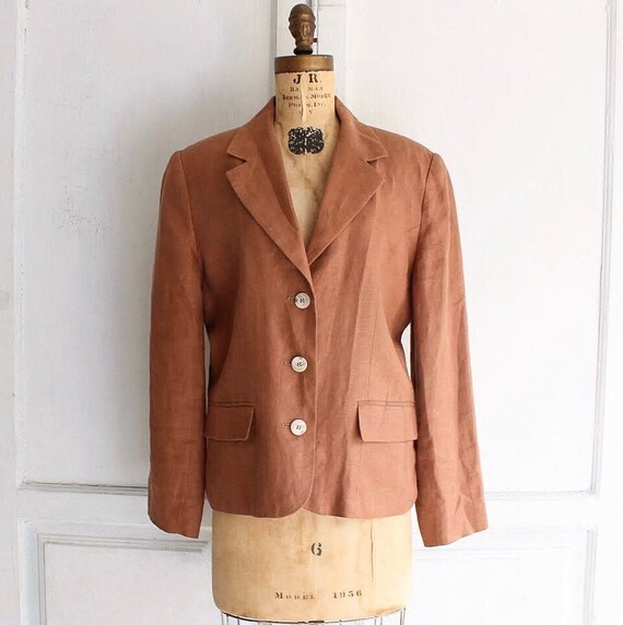 80s Vintage linen jacket boxy linen blazer terra c