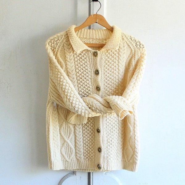 S A L E vintage Irish aran fisherman cardigan chunky hand knit small petite