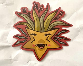 Happy Star Plant Sticker Cute Cosmic Botanical Hybrid Retro Cartoon Vibes for Laptop Journal Water Bottle.