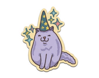 Pegatina de vinilo con sombrero estrellado mágico de gato mago.