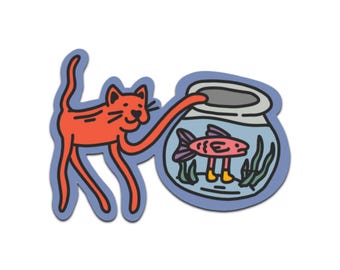 Curious Cat Vinyl Sticker Playful Kitty with Fish Bowl.