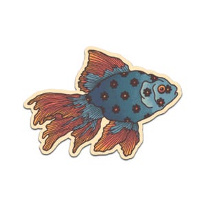 Blue Floral Fish Sticker Retro Tattoo Style Vinyl Decal.