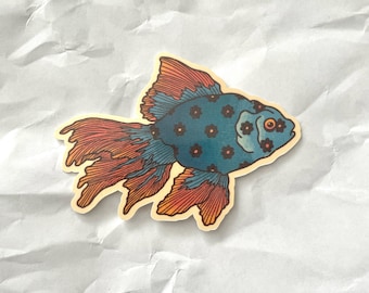 Blue Floral Fish Sticker: Retro Tattoo Style Vinyl Decal